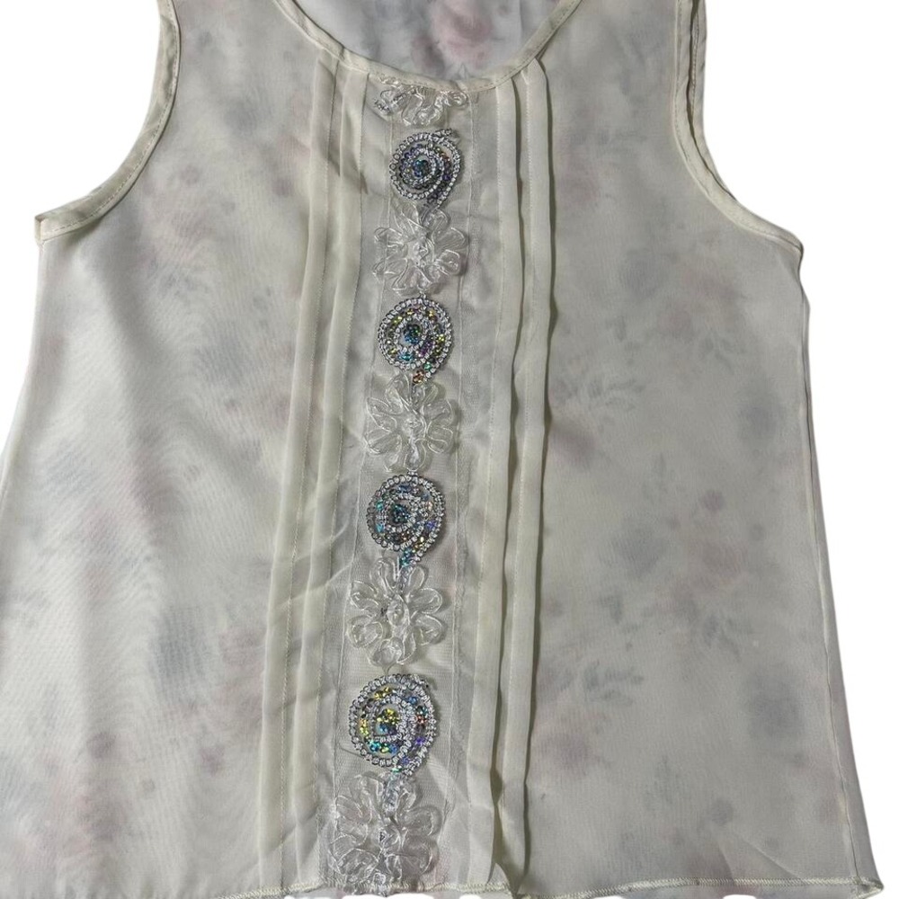 Litto Sheer Cream Beaded Sleeveless Blouse Embellished Top M